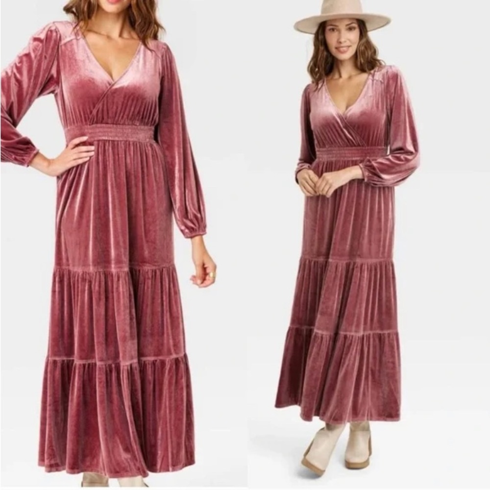 Women's Long Sleeve Velvet A-Line Dress Rose™M Rose Pink - BOHO